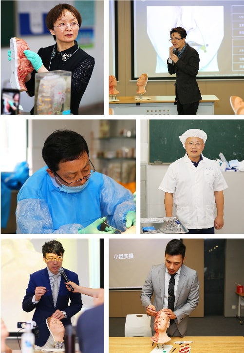 A collage of six different individuals demonstrating medical procedures and teaching in a classroom. Mannequins and anatomical models are used for demonstration purposes.