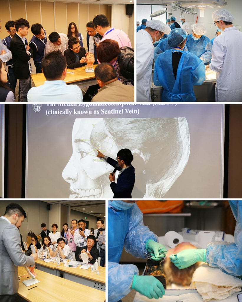 A collage shows medical professionals in scrubs attending surgical workshops and lectures, highlighting anatomy with presentations and practical hands-on sessions in a clinical setting.