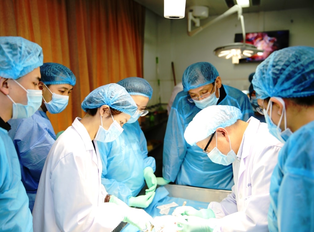 A team of medical professionals in surgical attire, including masks and caps, perform a procedure while others observe in an operating room.
