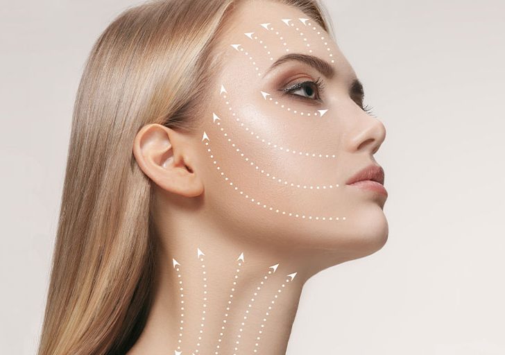 Profile of a woman with arrows on her face and neck illustrating directions for possible cosmetic procedures or skincare treatments.
