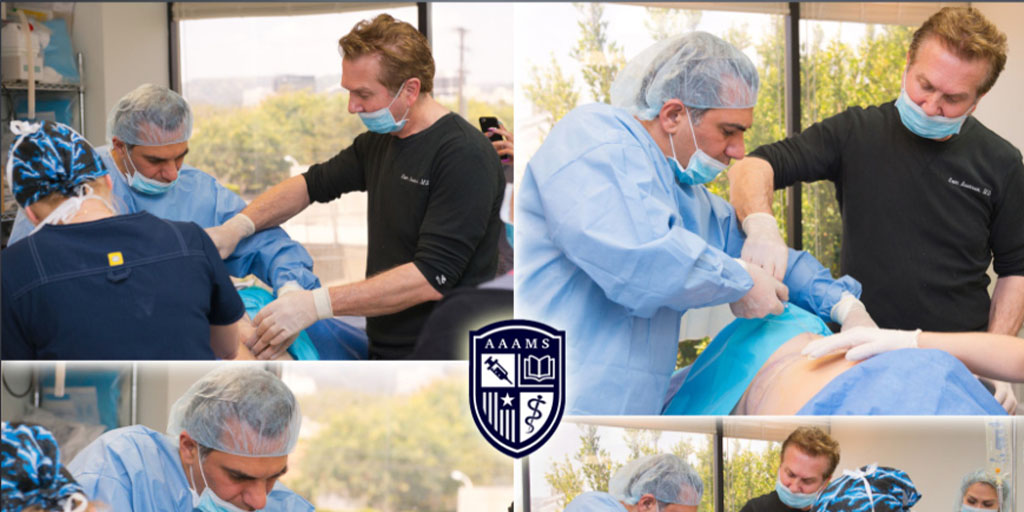 Medical professionals performing a surgical procedure in a clinical setting, with a focus on the torso area of a patient. The scene includes surgical instruments and staff in scrubs and masks.