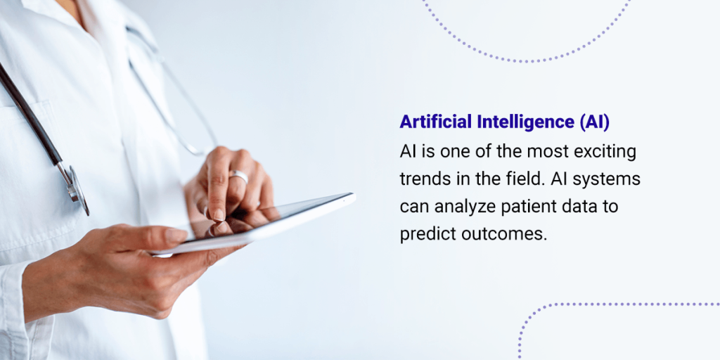 A doctor in a white coat uses a tablet. Text on the right discusses artificial intelligence in healthcare and its ability to analyze patient data to predict outcomes.